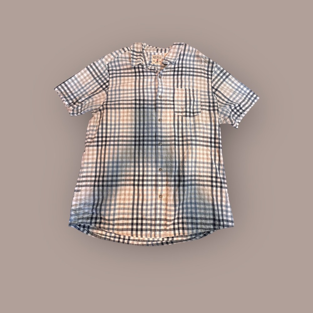 RedHead XL Short Sleeve Button Down Mens Navy Tan Plaid Textured Cotton Summer